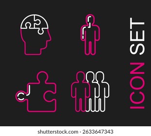 Set line Users group, Piece of puzzle, man in business suit and Human head puzzles strategy icon. Vector
