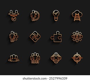 Set line Users group, Project team base, Target and check mark, Piece of puzzle, Gear with dollar symbol and  icon. Vector