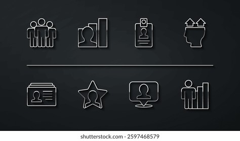 Set line Users group, Resume, of man, Location with person, Head hunting, Productive human,  and Identification badge icon. Vector