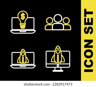 Establecer línea Grupo de usuarios, concepto de proyecto de inicio y bombilla de luz con icono de portátil en dólares. Vector