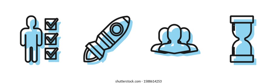 Set line Users group, User of man in business suit, Rocket ship with fire and Old hourglass with flowing sand icon. Vector