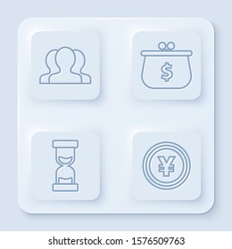 Set line Users group, Wallet with with dollar symbol, Old hourglass with flowing sand and Coin money with Yen symbol. White square button. Vector