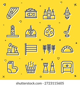 Set line Ushanka, Dumpling, Ice hockey stick and puck, Church building, King crown, Slavic pagan idol, Kankles and Moon with flag icon. Vector