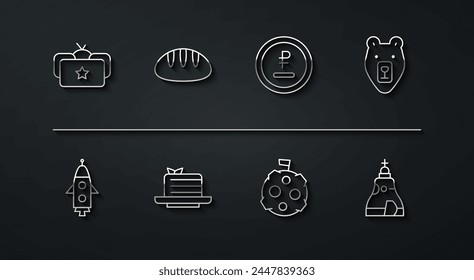 Set line Ushanka, Rocket ship, Bear head, Moon with flag, Medovik, Bread loaf, The Tsar bell and Rouble, ruble currency icon. Vector