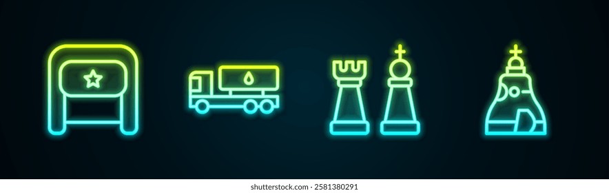 Set line Ushanka, Tanker truck, Chess and The Tsar bell. Glowing neon icon. Vector