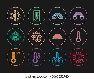 Set line UV protection, Meteorology thermometer, Rainbow, Sun and snowflake,  and  icon. Vector