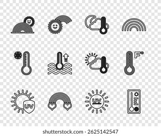 Set line UV protection, Meteorology thermometer, Thermometer and cloud, moon, Rainbow with heart, sun, Water,  and  icon. Vector