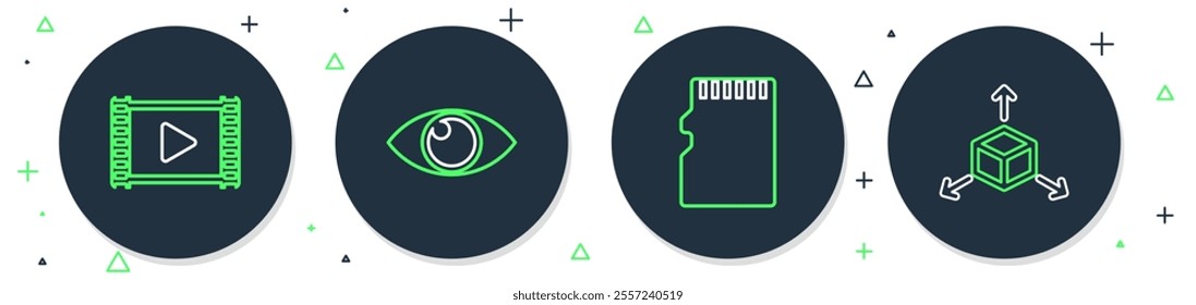 Set line UV protection, Micro SD memory card, Movie clapper and Isometric cube icon. Vector