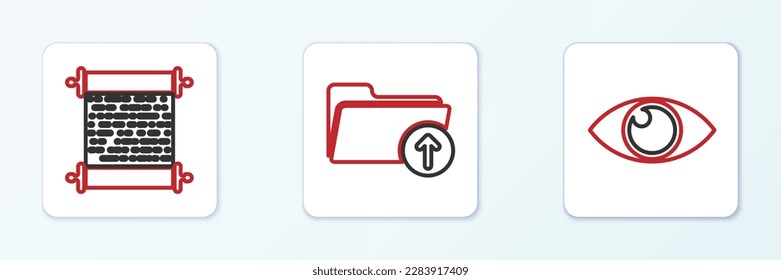 Stellen Sie das Symbol für UV-Schutz, Papierscrollen und Dateien hochladen ein. Vektorgrafik