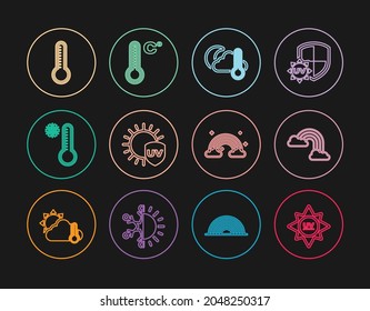 Set line UV protection, Rainbow with clouds, Thermometer and cloud, moon, Meteorology thermometer,  and  icon. Vector