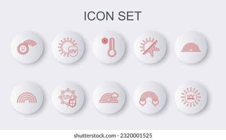 Establezca la protección UV de línea, Arcoiris, termómetro de meteorología, con el corazón, el sol y el icono de la nube. Vector