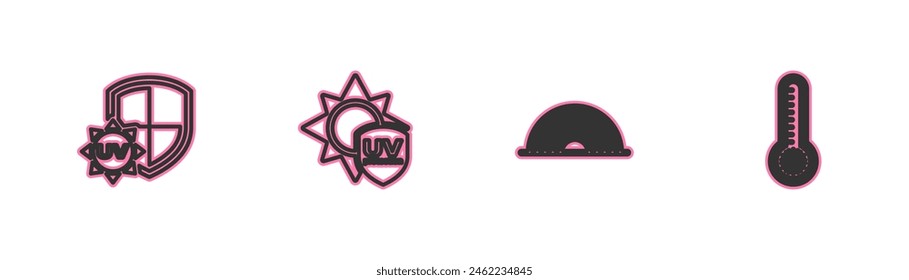 Set line UV protection, Rainbow,  and Meteorology thermometer icon. Vector