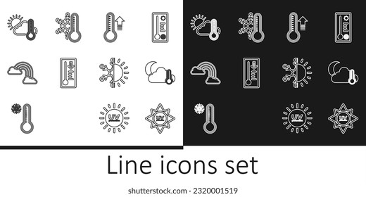 Set line UV protection, Thermometer and cloud, moon, Meteorology thermometer, Rainbow with clouds, sun, Sun snowflake and  icon. Vector