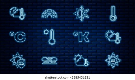Set line UV protection, Thermometer and cloud, sun, Sun snowflake, Meteorology thermometer, Celsius, moon, Kelvin and Rainbow icon. Vector