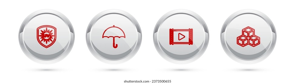 Set line UV protection, Umbrella, Play Video and Isometric cube. Silver circle button. Vector