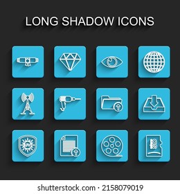 Set line UV protection, Upload file, Diploma rolled scroll, Film reel, Micro SD memory card, Drill machine, Download inbox and arrow with folder icon. Vector