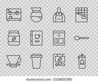 Set line V60 coffee maker, French press, Barista, Coffee cup to go, machine, book, Street signboard and Spoon icon. Vector