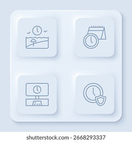 Establecer línea de tiempo de vacaciones, calendario y reloj, Smart Tv y reloj con escudo. Botón cuadrado blanco. Vector