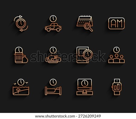 Set line Vacation time, Time to sleep, Clock with arrow, Monitor, Smartwatch, Food, Management and for book icon. Vector