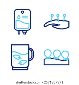 Set line Vacuum cans, Cup of tea and leaf, Acupuncture therapy and IV bag icon. Vector