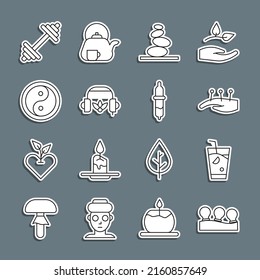 Set line Vacuum cans, Fresh smoothie, Acupuncture therapy, Stack hot stones, Headphones for meditation, Yin Yang, Dumbbell and Pipette icon. Vector