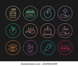 Set line Latas de vacío, Hoja en mano, Manzana, Terapia de acupuntura, Corazón, Botella de jabón líquido, Vela de aroma e Icono de tubo de crema de ungüento. Vector
