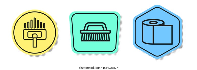 Set line Vacuum cleaner, Brush for cleaning  and Toilet paper roll . Colored shapes. Vector
