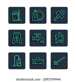 Set line Vacuum cleaner, Brush for cleaning, Water tap, Wet floor, Mop and bucket and Bar of soap icon. Vector