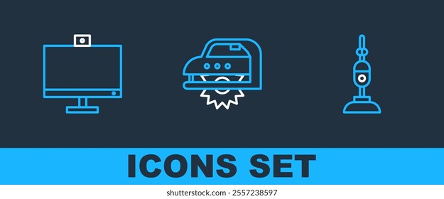 Set line Vacuum cleaner, Computer monitor and Electric circular saw icon. Vector