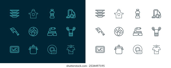 Set line Vacuum cleaner, Cooking pot, Brush for cleaning, Washing dishes, Water drop, Bottle detergent,  and Kitchen apron icon. Vector