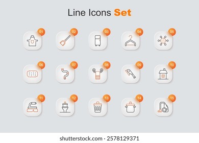 Set line Vacuum cleaner, Cooking pot, Trash can, Toilet bowl, Brush for cleaning, House,  and Towel on hanger icon. Vector