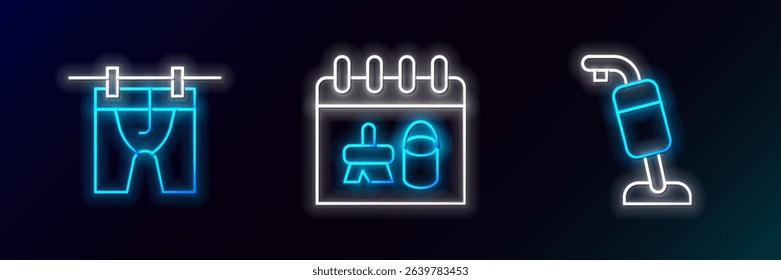 Set line Vacuum cleaner, Drying clothes and Cleaning calendar icon. Glowing neon. Vector