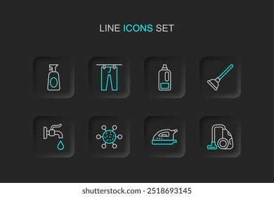 Set line Vacuum cleaner, Electric iron, Bacteria, Water tap, Rubber plunger, Bottle for detergent, Drying clothes and Cleaning spray with icon. Vector