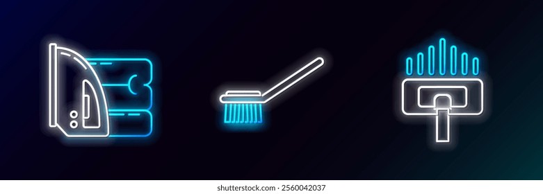 Set line Vacuum cleaner, Electric iron and towel and Toilet brush icon. Glowing neon. Vector