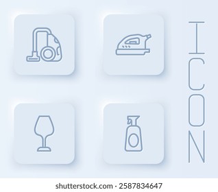 Set line Vacuum cleaner, Electric iron, Wine glass and Cleaning spray with detergent. White square button. Vector