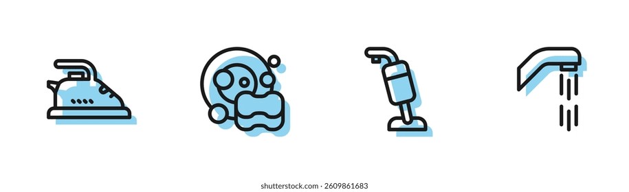 Set line Vacuum cleaner, Electric iron, Washing dishes and Shower head icon. Vector