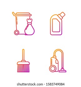 Set line Vacuum cleaner , Handle broom , Trash can  and Plastic bottles for liquid dishwashing liquid. Gradient color icons. Vector