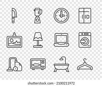 Set line Vacuum cleaner, Hanger wardrobe, Clock, Microwave oven, Knife, Table lamp, Bathtub and Washer icon. Vector