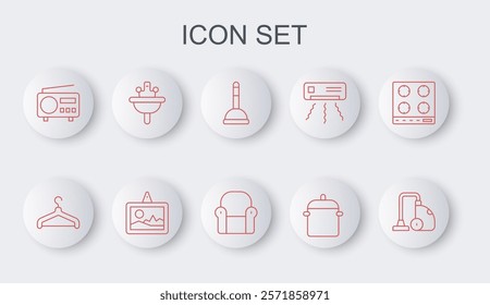 Set line Vacuum cleaner, Hanger wardrobe, Rubber plunger, Cooking pot, Radio, Washbasin, Picture and Armchair icon. Vector