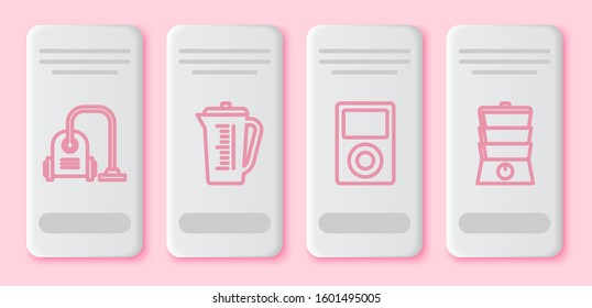 Set line Vacuum cleaner , Measuring cup, Music player  and Double boiler . White rectangle button. Vector