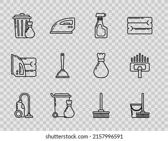 Set line Vacuum cleaner, Mop and bucket, Cleaning spray bottle with detergent liquid, Trash can, garbage bag, Toilet plunger,  and  icon. Vector