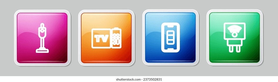 Set line Vacuum cleaner, Multimedia and TV box receiver, Smartphone battery charge and electric plug. Colorful square button. Vector