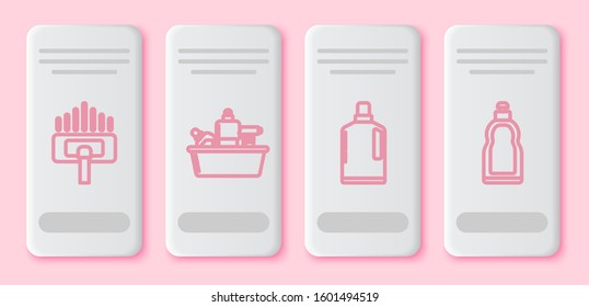 Set line Vacuum cleaner, Plastic bottles for liquid dishwashing liquid. White rectangle button. Vector
