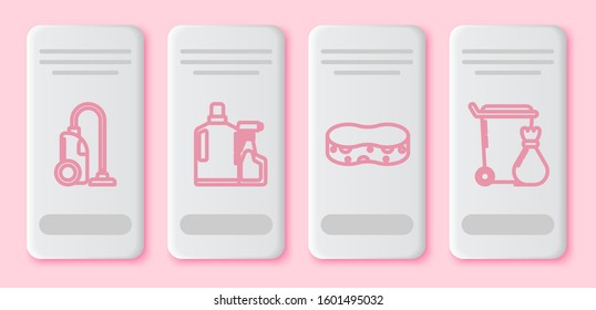 Set line Vacuum cleaner , Plastic bottles for liquid dishwashing liquid, Sponge  and Trash can . White rectangle button. Vector