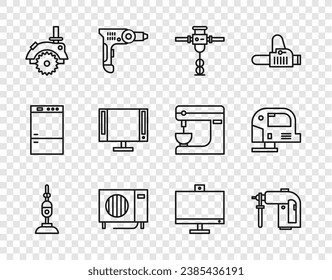 Set-Line Staubsauger, Rotary Hammer Bohrmaschine, Konstruktionsjackhammer, Klimageräte, Elektrische Rundsäge, Smart TV, Computermonitor und Jigsaw Icon. Vektorgrafik