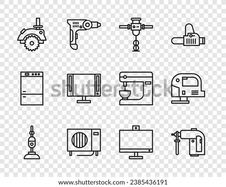 Set line Vacuum cleaner, Rotary hammer drill machine, Construction jackhammer, Air conditioner, Electric circular saw, Smart Tv, Computer monitor and jigsaw icon. Vector