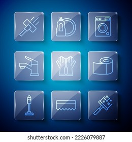 Set line Vacuum cleaner, Sponge, Rubber for windows, Washer, gloves, Water tap,  and Toilet paper roll icon. Vector