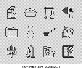 Fijar línea Limpiador de vacío, Cuchillo, pañal, limpiador, lata de basura, botellas de plástico para líquido lavavajillas, Bolsa de basura, Lavadora y camiseta e icono. Vector