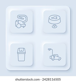 Set line Vacuum cleaner, Stain on the tablecloth, Trash can and Lawn mower. White square button. Vector