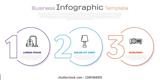 Set line Vacuum cleaner , Table lamp  and Presentation, movie, film, media projector . Business infographic template. Vector